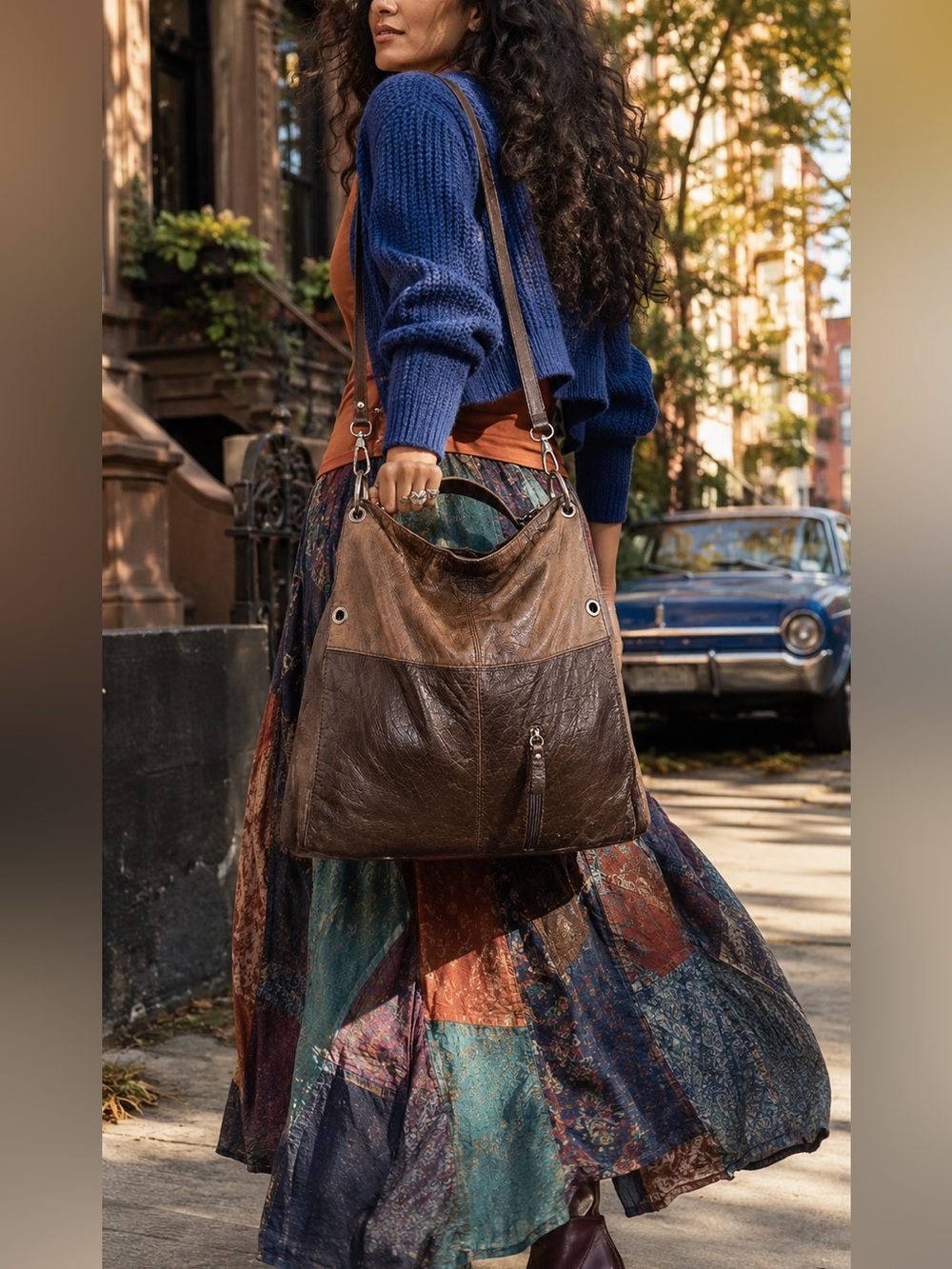 Italian Leather Two Tone Oversized Hobo Shoulder Crossbody Bag